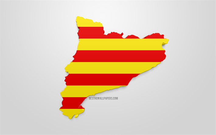 3d de la bandera de Catalu&#241;a, mapa de la silueta de Catalu&#241;a, comunidad aut&#243;noma, arte 3d, Catalu&#241;a 3d de la bandera de Espa&#241;a, de Europa, de Catalu&#241;a, de la geograf&#237;a, Catalu&#241;a 3d silueta