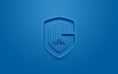 KRC Genk, kreativa 3D-logotyp, bl&#229; bakgrund, 3d-emblem, Belgiska fotbollsklubb, Jupiler Pro League, Genk, Belgien, Belgiska F&#246;rsta Division Ett, 3d-konst, fotboll, snygg 3d-logo