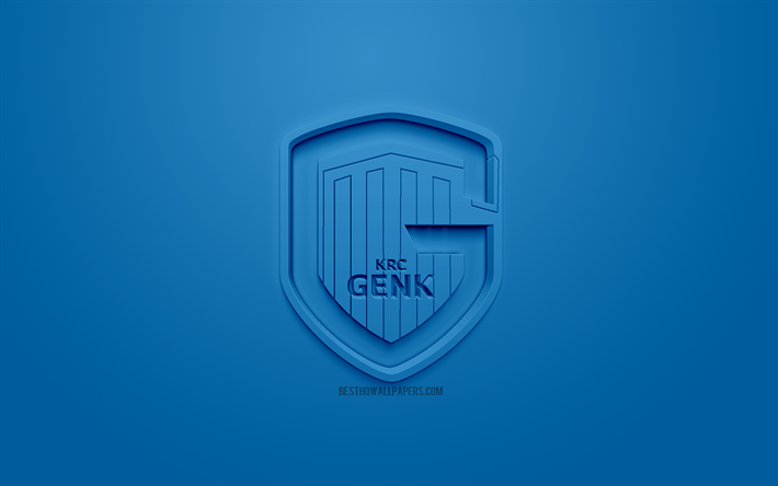 KRC Genk, kreativa 3D-logotyp, bl&#229; bakgrund, 3d-emblem, Belgiska fotbollsklubb, Jupiler Pro League, Genk, Belgien, Belgiska F&#246;rsta Division Ett, 3d-konst, fotboll, snygg 3d-logo