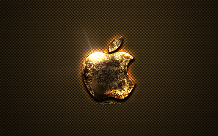 Apple altın logo, yaratıcı sanat, altın doku, kahverengi karbon fiber doku, Apple altın amblemi, Apple