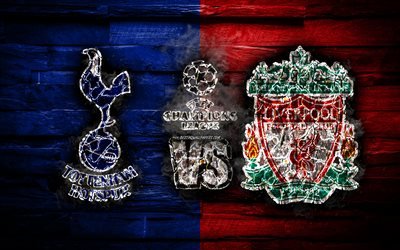 4k, Tottenham Hotspur vs Liverpool, gravure de logo, 2019 Finale d&#39;UEFA Champions League, 1er juin 2019, cr&#233;ative, le feu de l&#39;art, Tottenham Hotspur FC, Liverpool FC, l&#39;UEFA Ligue des Champions, Finale, l&#39;UEFA, Tottenham Hotspur FC v