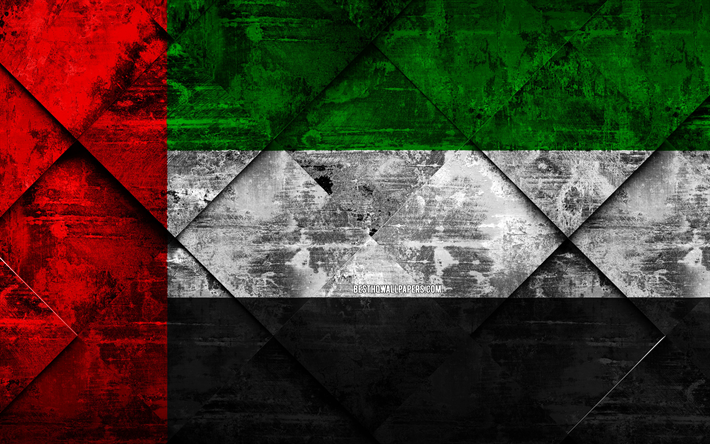 Birleşik Arap Emirlikleri bayrağı, 4k, grunge sanat, rhombus grunge doku, Asya, ulusal semboller, Birleşik Arap Emirlikleri, yaratıcı sanat
