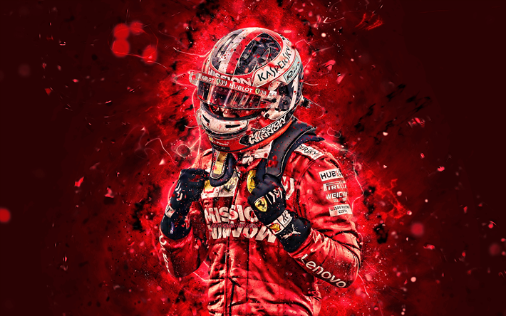 Charles Leclerc, 4k, Scuderia Ferrari, monacon kilpa-ajajat, neon valot, Formula 1, Leclerc Ferrari, F1-2019, F1, HDR, Ferrari