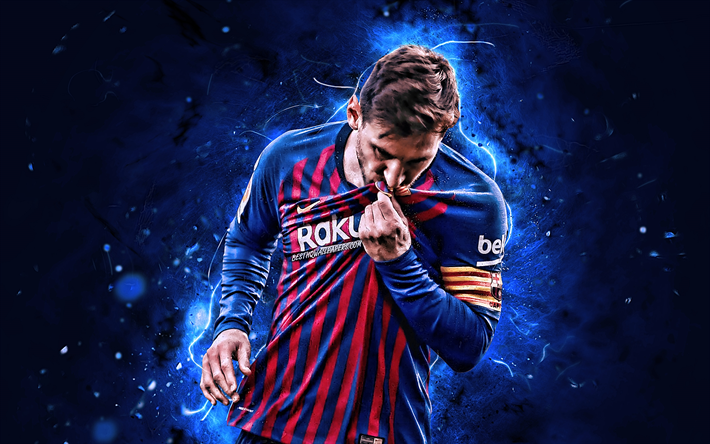 Lionel Messi, 2019, football stars, Barcelona FC, kiss emblem, argentinian footballers, FCB, La Liga, Messi, Leo Messi, soccer, neon lights, LaLiga, Spain, Barca