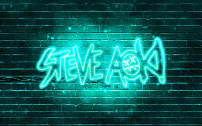 Steve Aoki turkoosi logo, 4k, supert&#228;hti&#228;, amerikkalainen Dj, turkoosi brickwall, Steve Aoki-logo, Steve Hiroyuki Aoki, Steve Aoki neon-logo, musiikin t&#228;hdet, Steve Aoki