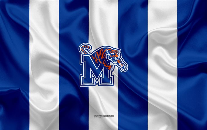 Memphis Tigrar, Amerikansk fotboll, emblem, silk flag, bl&#229;tt och vitt siden konsistens, NCAA, Memphis Tigrar logotyp, Memphis, Tennessee, USA
