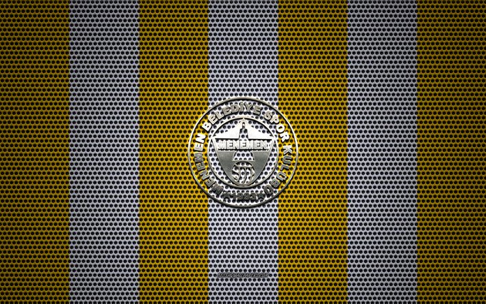 Menemen Belediyespor logo, Turkish football club, metal emblem, yellow-white metal mesh background, TFF 1 Lig, Menemen Belediyespor, TFF First League, Meneman, Turkey, football