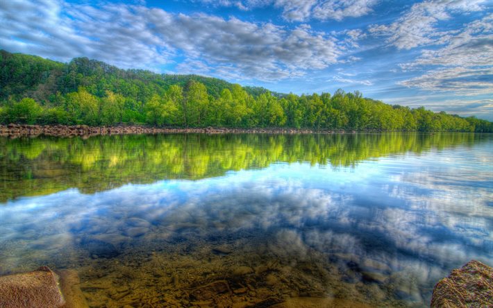 bela natureza, 4k, ver&#227;o, lago, floresta, reflex&#227;o, nuvens, HDR