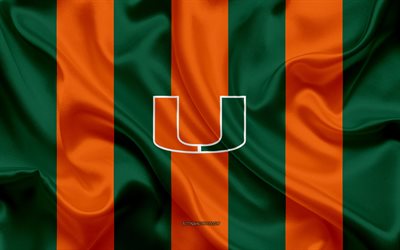 Miami Hurricanes, American football team, emblem, silk flag, orange-green silk texture, NCAA, Miami Hurricanes logo, Miami Gardens, Florida, USA, American football