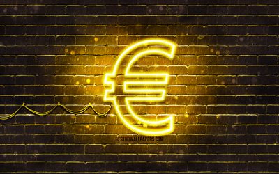 Euro yellow sign, 4k, yellow brickwall, Euro sign, currency signs, Euro neon sign, Euro