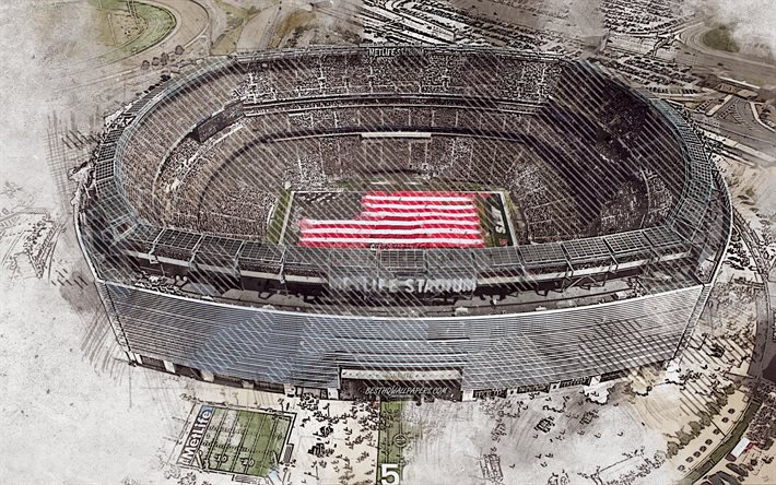 MetLife Stadium di East Rutherford, New Jersey, USA, grunge, arte, creativo, dipinto MetLife Stadium, il disegno, il MetLife Stadium di astrazione, arte digitale, USA grunge, bandiera, Grunge, bandiera americana