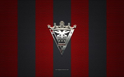 CD Mirandes logo, Spanish football club, metal emblem, red-black metal mesh background, CD Mirandes, Segunda, Miranda de Ebro, Spain, football