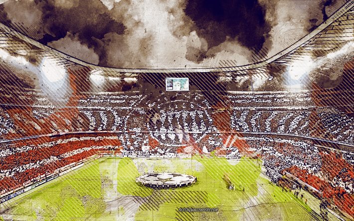 Allianz Arena di Monaco di Baviera stadio, grunge, arte, all&#39;interno di vista, Allianz Arena, dipinto, stadio di calcio, Monaco di baviera, Baviera, Germania