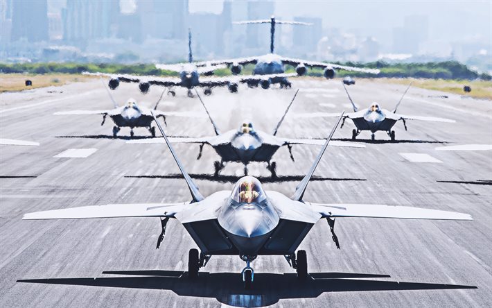 lockheed martin f-22 raptor, 4k -, flugplatz -, kampf-flugzeuge, jet, jagdflugzeug, us air force, j&#228;ger, lockheed martin, us-armee, die f-22 raptor
