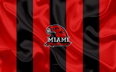 Miami RedHawks, Time de futebol americano, emblema, seda bandeira, vermelho-preto de seda textura, NCAA, Miami logotipo RedHawks, Oxford, Ohio, EUA, Futebol americano