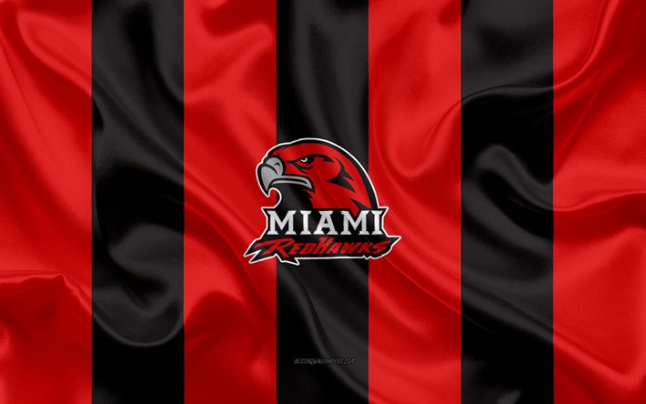 Miami RedHawks, equipo de f&#250;tbol Americano, el emblema, la bandera de seda, de color rojo-negro de seda textura, de la NCAA, Miami RedHawks logotipo, Oxford, Ohio, estados UNIDOS, el f&#250;tbol Americano