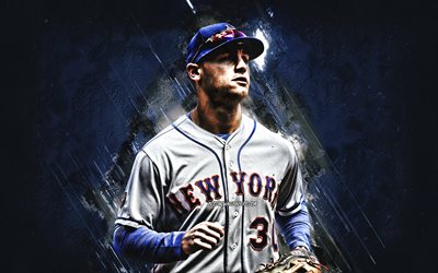 Michael Conforto, New York Mets, Scooter, american baseball player, portrait, blue stone background, baseball, MLB, Major League Baseball