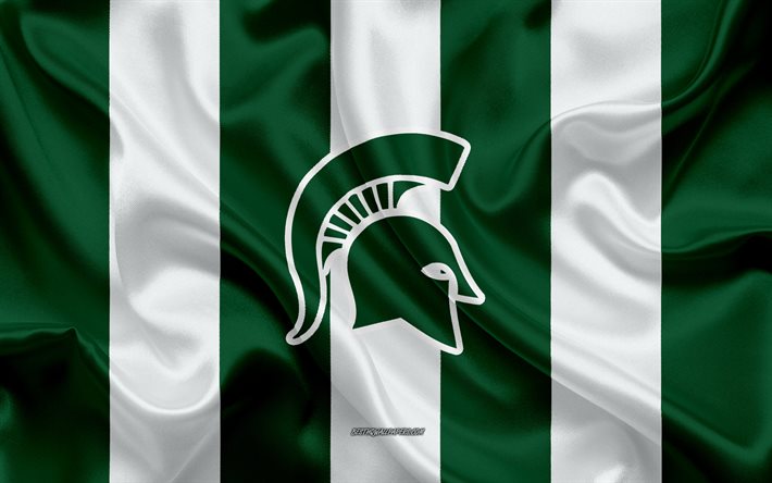 Michigan State Spartans, Amerikansk fotboll, emblem, silk flag, gr&#246;nt och vitt siden konsistens, NCAA, Michigan State Spartans logotyp, East Lansing, Michigan, USA