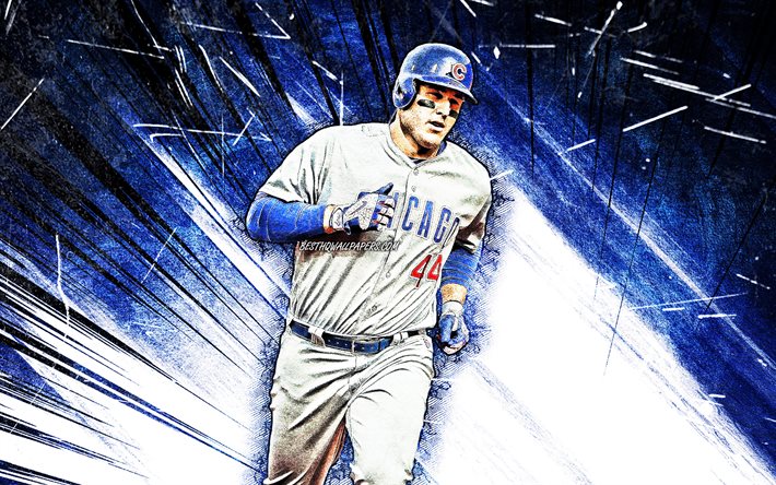 4k, Anthony Rizzo, grunge arte, MLB, Chicago Cubs, base, beisebol, Ant&#244;nio Vicente Rizzo, Major League Baseball, azul resumo raios, Anthony Rizzo Chicago Cubs, Anthony Rizzo 4K