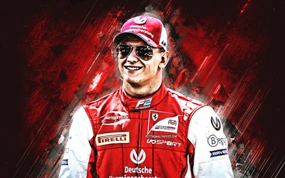 Mick Schumacher, German racing driver, Formula 2, portrait, red stone background, son of Michael Schumacher, racers