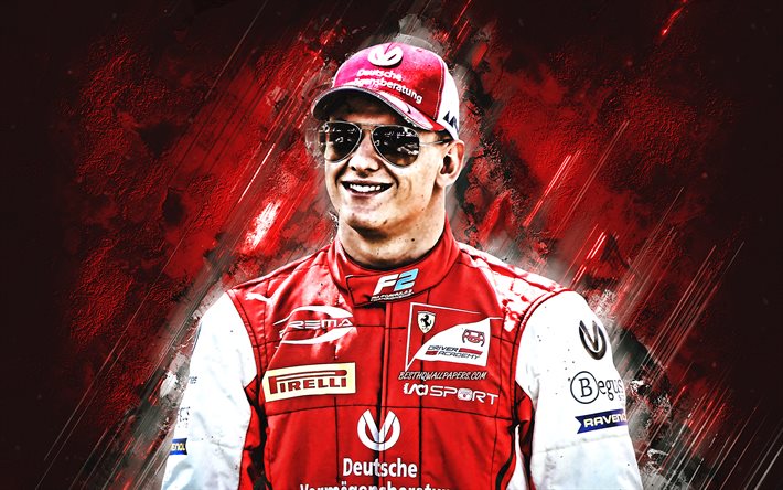 Mick Schumacher, pilote de course allemand, Formule 2, portrait, rouge, pierre fond, le fils de Michael Schumacher, les coureurs