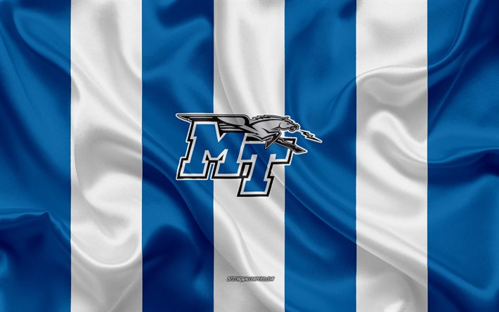 Middle Tennessee Blue Raiders, American football team, emblem, silk flag, blue and white silk texture, NCAA, Middle Tennessee Blue Raiders logo, Murfreesboro, Tennessee, USA, American football
