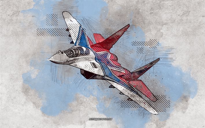 MiG-29, Fulcrum, grunge art, creative art, painted MiG-29, drawing, MiG-29 abstraction, digital art, grunge military aircraft, Russian fighter