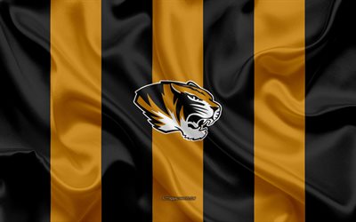 Missouri Tigers, American football team, emblem, silk flag, yellow-black silk texture, NCAA, Missouri Tigers logo, Columbia, Missouri, USA, American football, University of Missouri