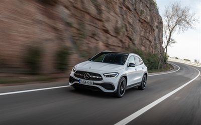 2020, Mercedes-Benz GLA250, 4Matic, AMG, front view, exterior, compact crossover, new white GLA, german cars, Mercedes