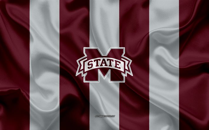 Mississippi State Bulldogs, Time de futebol americano, emblema, seda bandeira, borgonha cinza de seda textura, NCAA, Mississippi State Bulldogs logotipo, Starkville, Mississippi, EUA, Futebol americano