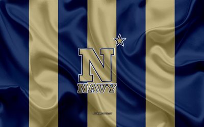 Navy Midshipmen, squadra di football Americano, emblema, bandiera di seta blu, seta d&#39;oro texture, NCAA, Navy Midshipmen logo, Annapolis, Maryland, stati UNITI, football Americano