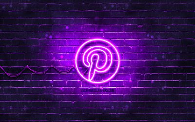 Pinterest violette logo, 4k, violet brickwall, Pinterest logo, les r&#233;seaux sociaux, Pinterest n&#233;on logo, Pinterest