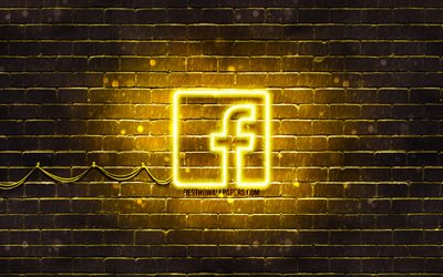 Facebook الشعار الأصفر, 4k, الأصفر brickwall, Facebook شعار, الشبكات الاجتماعية, Facebook النيون شعار, Facebook