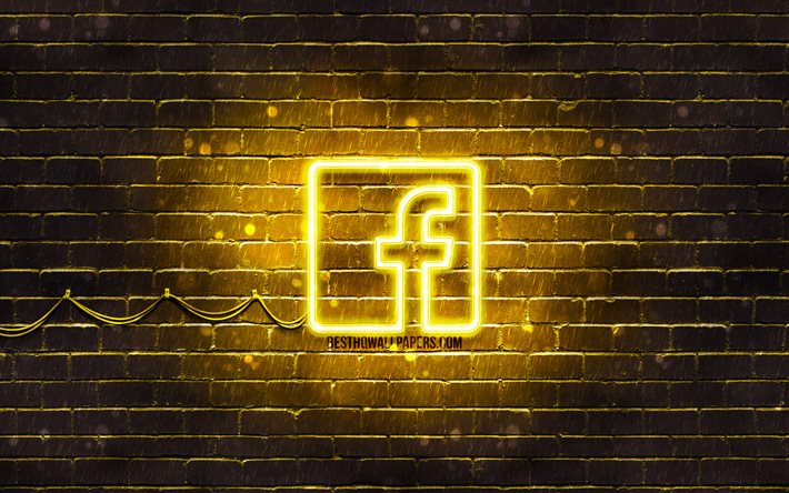 Facebook yellow logo, 4k, yellow brickwall, Facebook logo, social networks, Facebook neon logo, Facebook