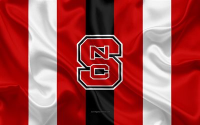 NC Estado Wolfpack, Time de futebol americano, emblema, seda bandeira, vermelho-preto de seda textura, NCAA, NC Estado Wolfpack logotipo, Raleigh, Carolina Do Norte, EUA, Futebol americano