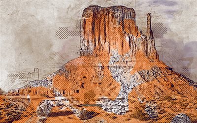 Monument Valley, West Mitten Butte, in Arizona, USA, grunge, arte, creativo, dipinto Monument Valley, il disegno, la Monument Valley, astrazione, arte digitale, West Mitten Butte grunge