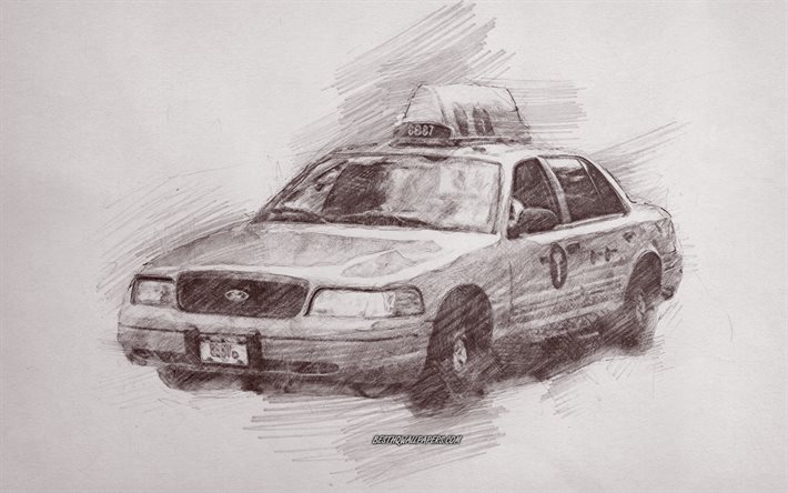 Drawn taxi, New York Taxi, New York City, USA, Taxi pencil drawing, pencil art, american taxi
