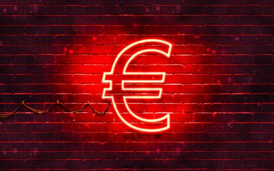 Euro sinal vermelho, 4k, vermelho brickwall, O sinal de Euro, moeda sinais, Euro sinal de n&#233;on, Euro