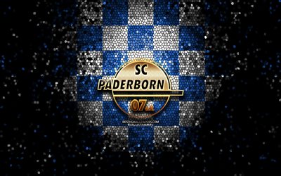 SC Paderborn 07, paillettes logo, de la Bundesliga, bleu et blanc &#224; carreaux de fond, soccer, SC Paderborn 07 FC, club de football allemand, SC Paderborn 07 logo, l&#39;art de la mosa&#239;que, de football, Allemagne