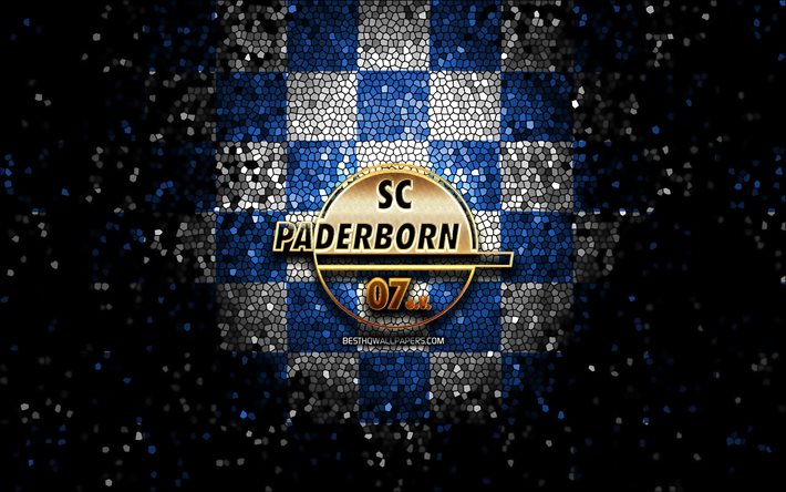 SC Paderborn 07, glitter, logo, Bundesliga, blu, bianco, sfondo a scacchi, calcetto, SC Paderborn 07 FC, squadra di calcio tedesca, SC Paderborn 07 logo, mosaico di arte, di calcio, Germania