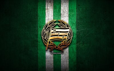 Hammarby FC, de oro logotipo, Allsvenskan, verde metal de fondo, f&#250;tbol, Hammarby SI, sueco, club de f&#250;tbol, el Hammarby logo, futbol, Suecia