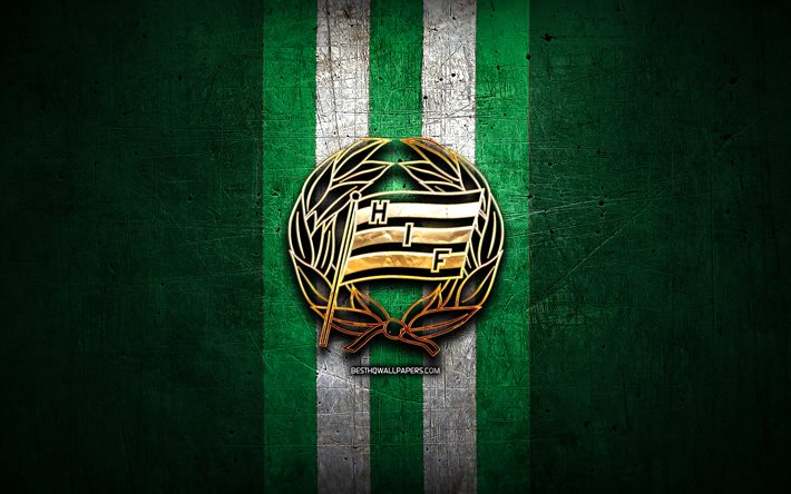 Hammarby FC, de oro logotipo, Allsvenskan, verde metal de fondo, f&#250;tbol, Hammarby SI, sueco, club de f&#250;tbol, el Hammarby logo, futbol, Suecia