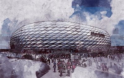 Allianz Arena, Munich, Germany, grunge art, creative art, painted Allianz Arena, drawing, Allianz Arena abstraction, digital art, Bundesliga, grunge football stadium