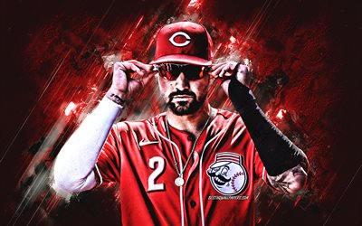 Nick Castellanos, Cincinnati Reds, MLB, american baseball player, portrait, red stone background, baseball, Major League Baseball