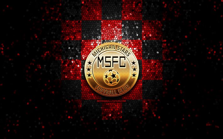 Michigan Yıldızlar FC, glitter logo, NİSA, kırmızı siyah damalı arka plan, ABD, Amerikan futbol takımı, Chattanooga, mozaik sanatı, Michigan Yıldız logo, futbol, Amerika