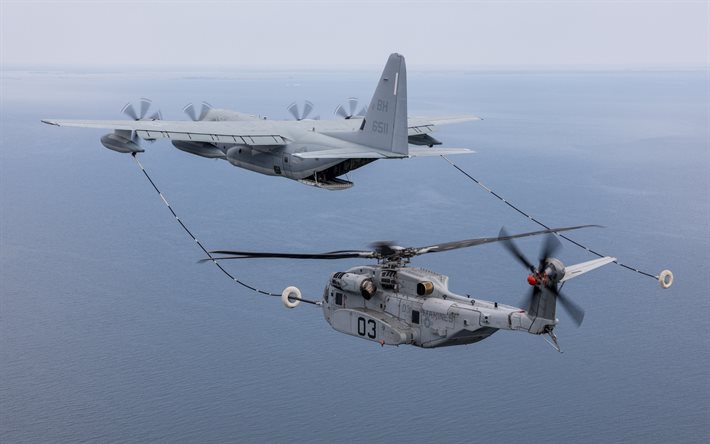 Sikorsky CH-53K King Stallion, United States Marine Corps, USMC, military heavy cargo helicopter, helicopter refueling in the air, US Air Force