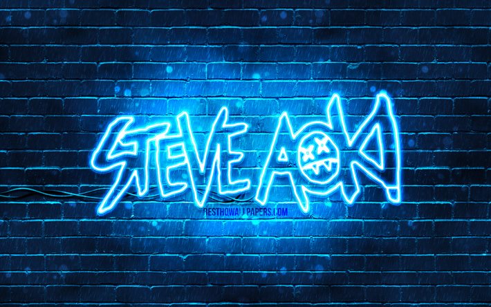 ستيف أوكي الشعار الأزرق, 4k, النجوم, أمريكا دي جي, الأزرق brickwall, ستيف أوكي شعار, ستيف هيرويوكي أوكي, ستيف أوكي النيون شعار, نجوم الموسيقى, ستيف أوكي