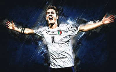 Nicolo Zaniolo, Italien i fotboll, porträtt, Italiensk fotboll spelare, mittfältare, blå sten bakgrund, Italien, fotboll