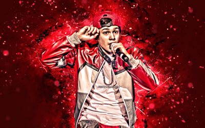 Austin Mahone, 4k, luces rojas, cantante estadounidense, estrellas de la m&#250;sica, creativo, Austin Carter Mahone, american celebridad, con micr&#243;fono, superestrellas, Austin Mahone 4K
