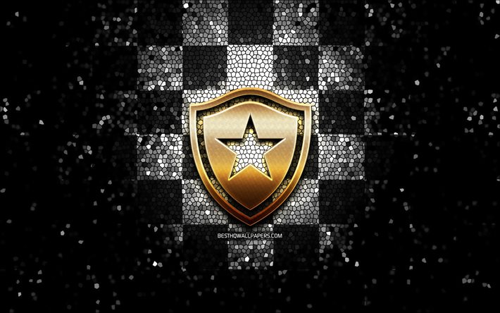 Botafogo FC, glitter logo, Serie, siyah beyaz damalı arka plan, futbol, Botafogo FR, Brezilyalı Futbol Kul&#252;b&#252;, Botafogo logosu, mozaik sanatı, Brezilya